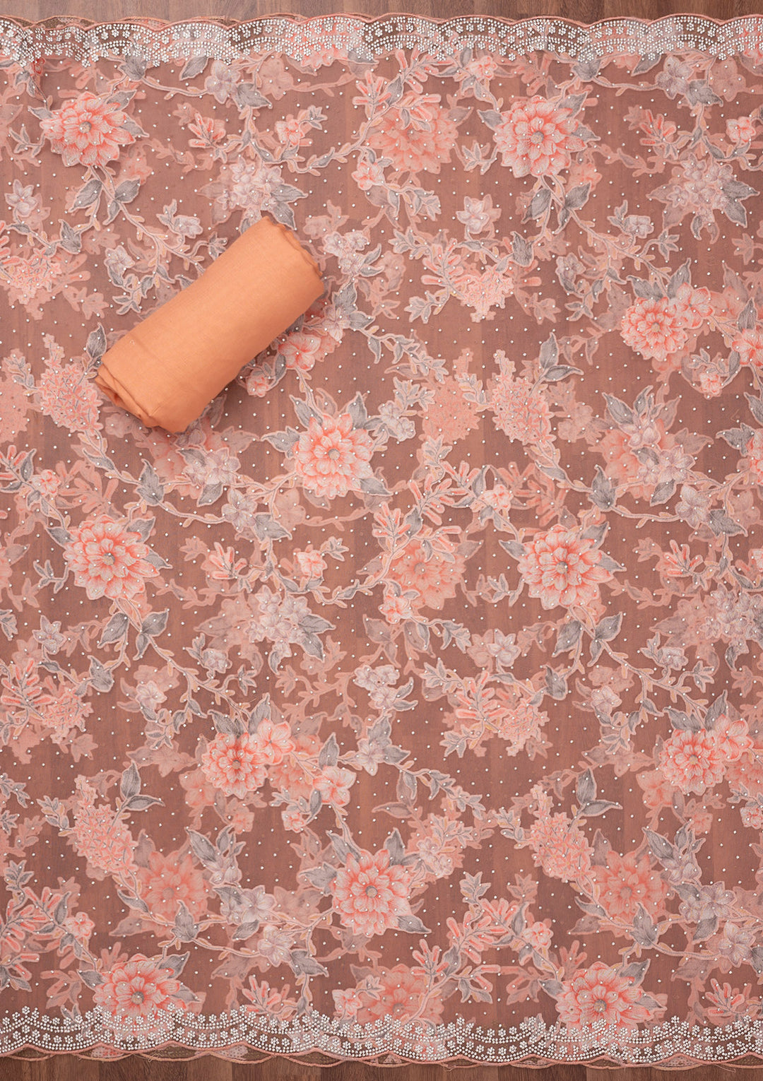 Peach Zariwork Semi Crepe Unstitched Salwar Suit