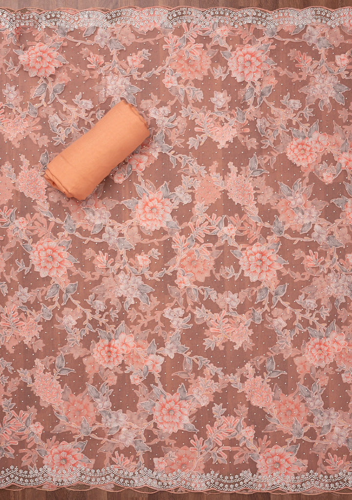 Peach Zariwork Semi Crepe Unstitched Salwar Suit