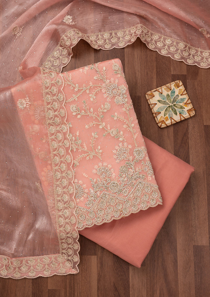 Peach Zariwork Semi Crepe Unstitched Salwar Suit