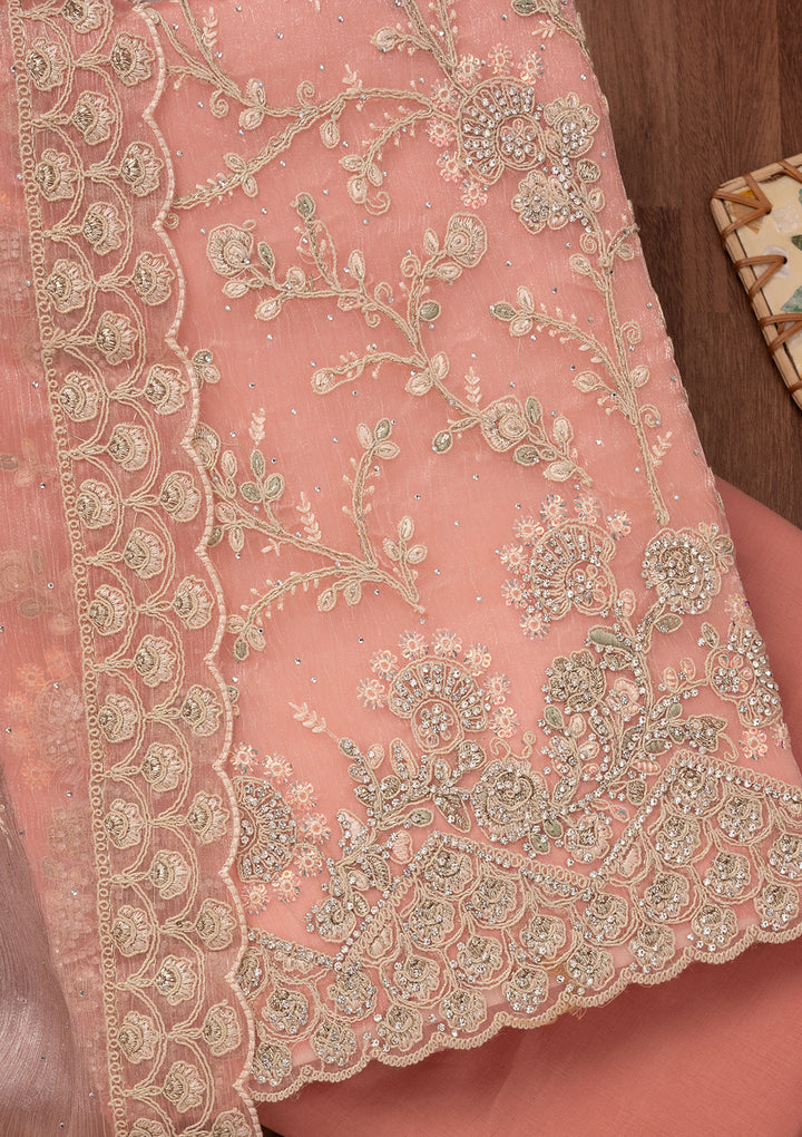 Peach Zariwork Semi Crepe Unstitched Salwar Suit