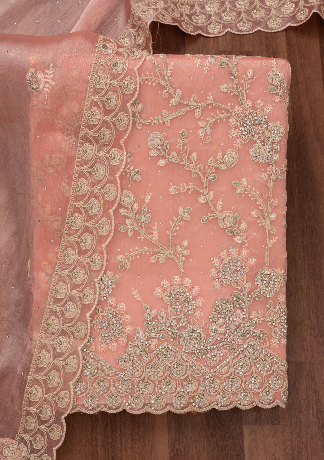 Peach Zariwork Semi Crepe Unstitched Salwar Suit