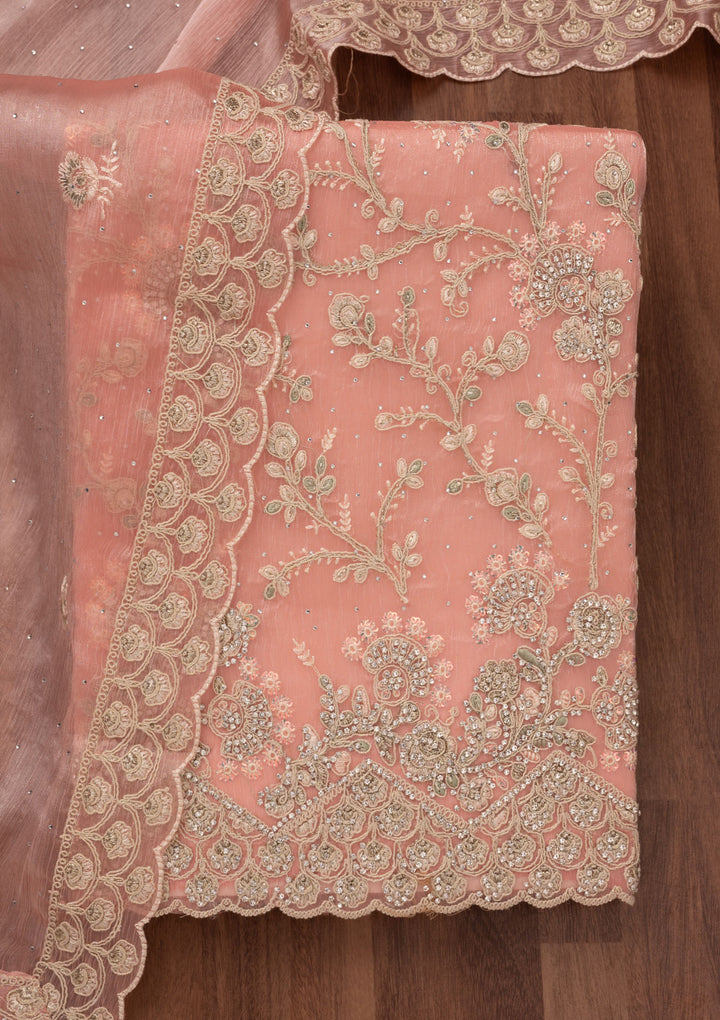 Peach Zariwork Semi Crepe Unstitched Salwar Suit