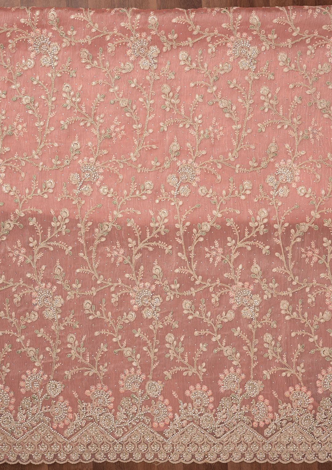 Peach Zariwork Semi Crepe Unstitched Salwar Suit