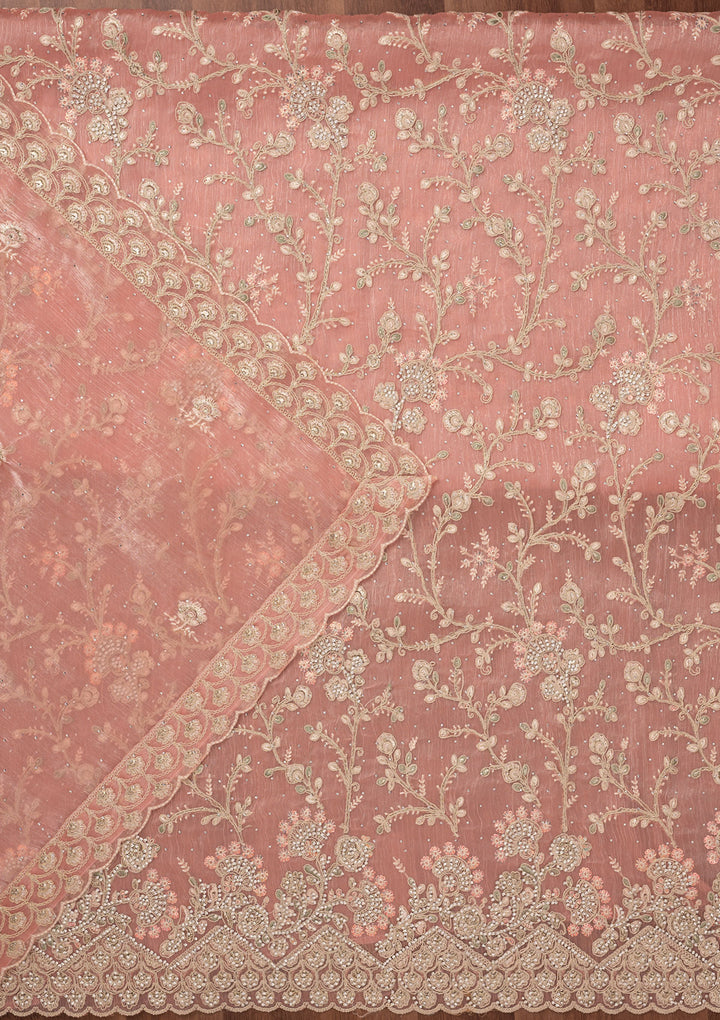 Peach Zariwork Semi Crepe Unstitched Salwar Suit