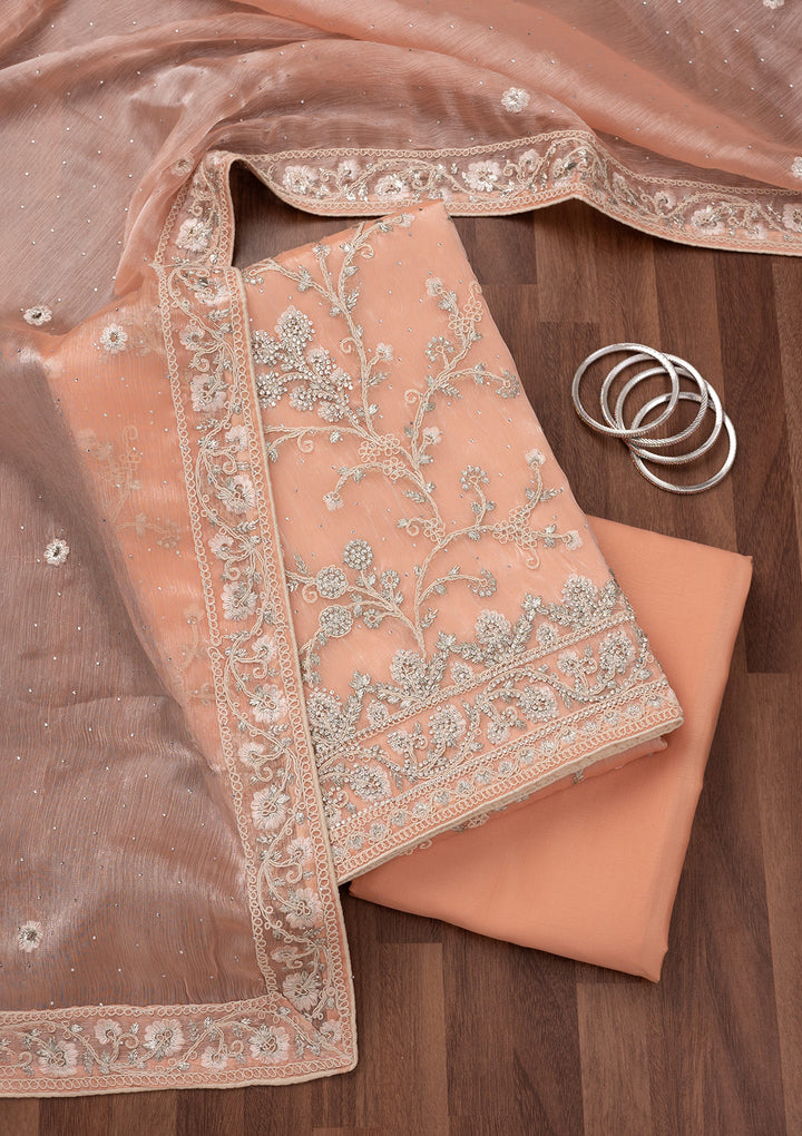Peach Zariwork Semi Crepe Unstitched Salwar Suit