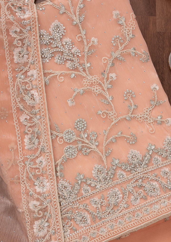 Peach Zariwork Semi Crepe Unstitched Salwar Suit
