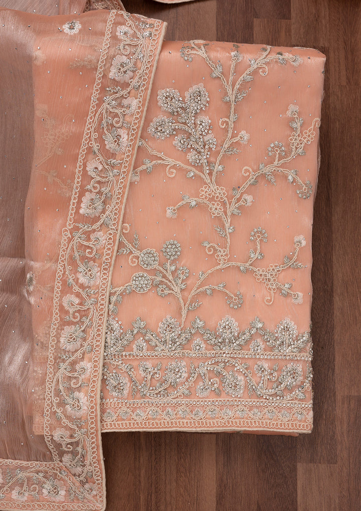 Peach Zariwork Semi Crepe Unstitched Salwar Suit