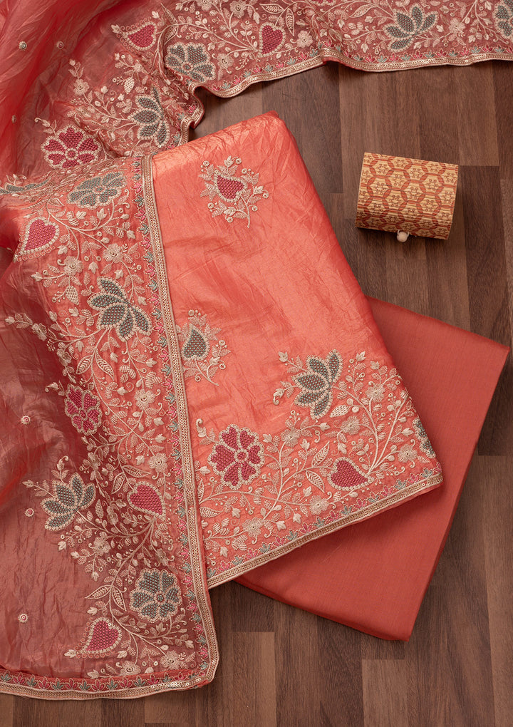 Peach Zariwork Semi Crepe Unstitched Salwar Suit