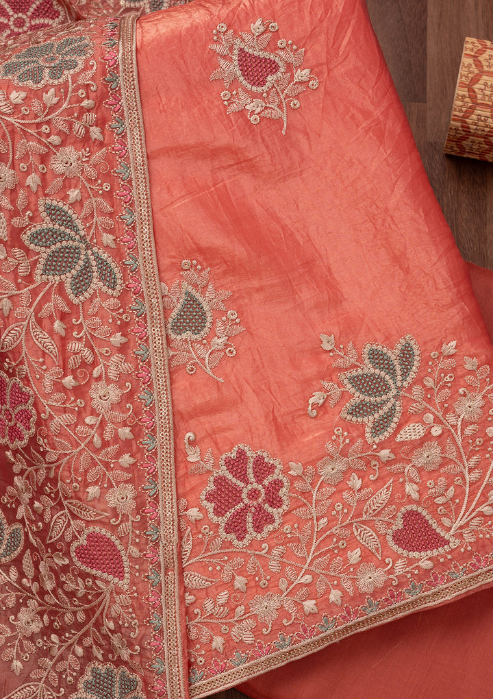 Peach Zariwork Semi Crepe Unstitched Salwar Suit