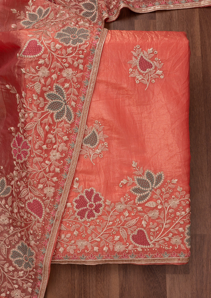 Peach Zariwork Semi Crepe Unstitched Salwar Suit