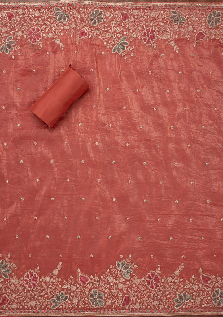 Peach Zariwork Semi Crepe Unstitched Salwar Suit