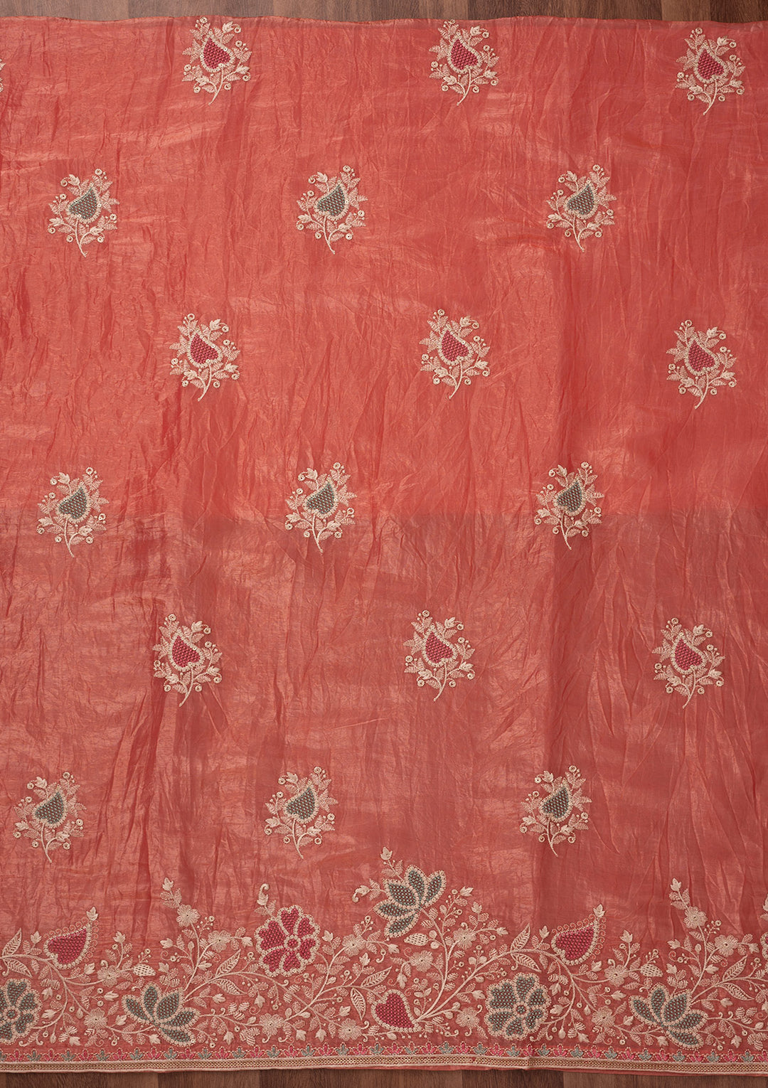 Peach Zariwork Semi Crepe Unstitched Salwar Suit