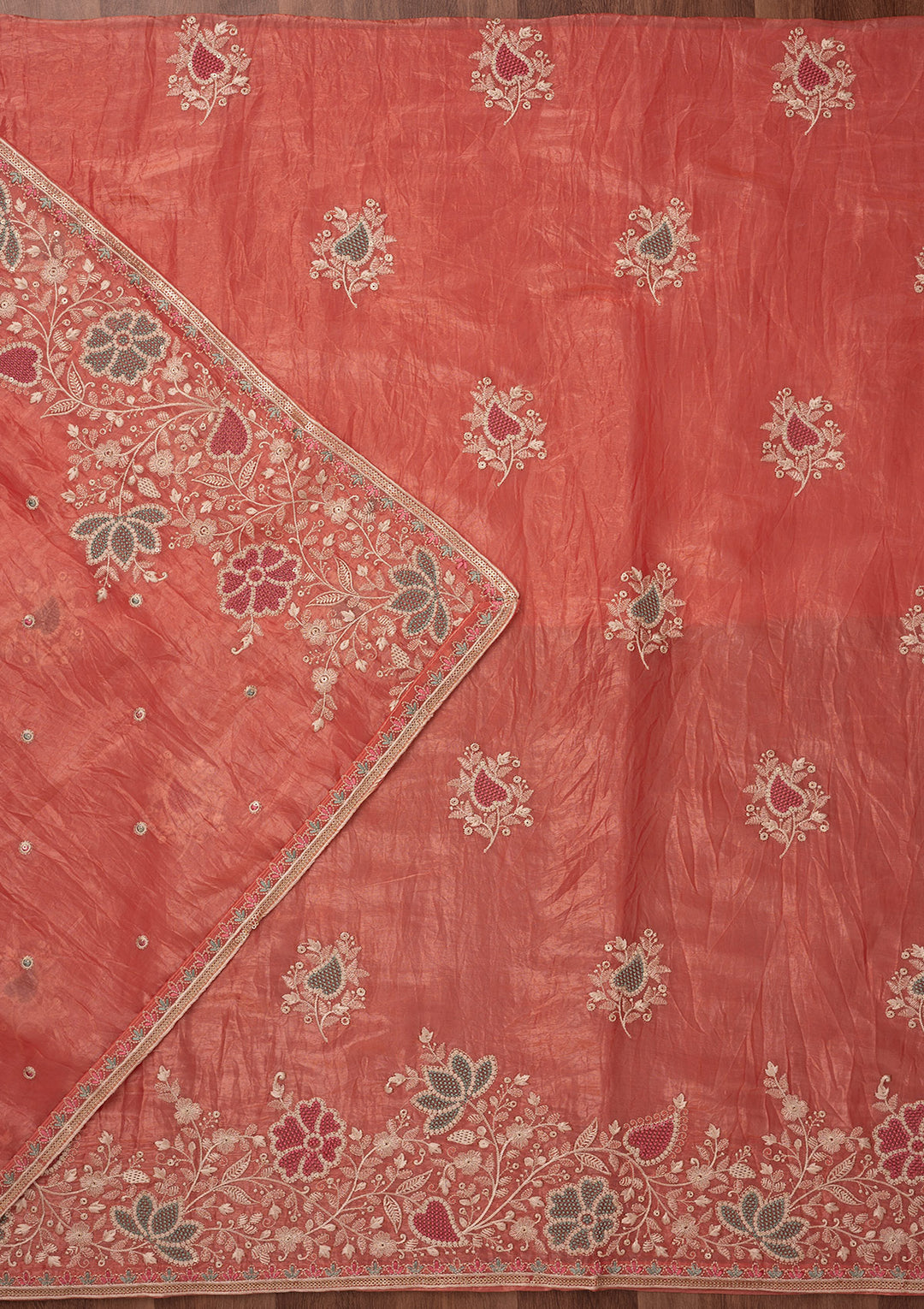 Peach Zariwork Semi Crepe Unstitched Salwar Suit