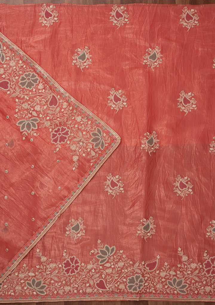 Peach Zariwork Semi Crepe Unstitched Salwar Suit