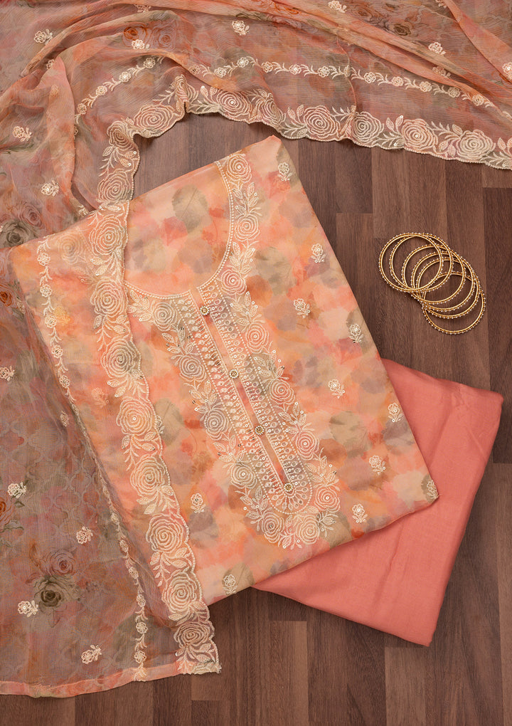 Peach Zariwork Semi Crepe Unstitched Salwar Suit