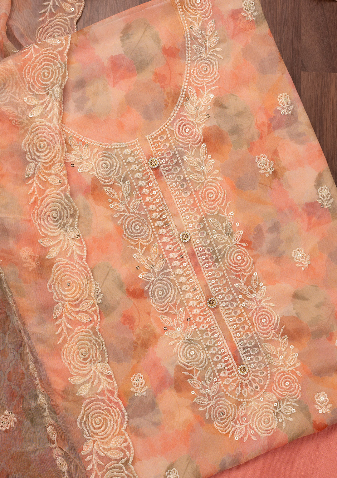 Peach Zariwork Semi Crepe Unstitched Salwar Suit