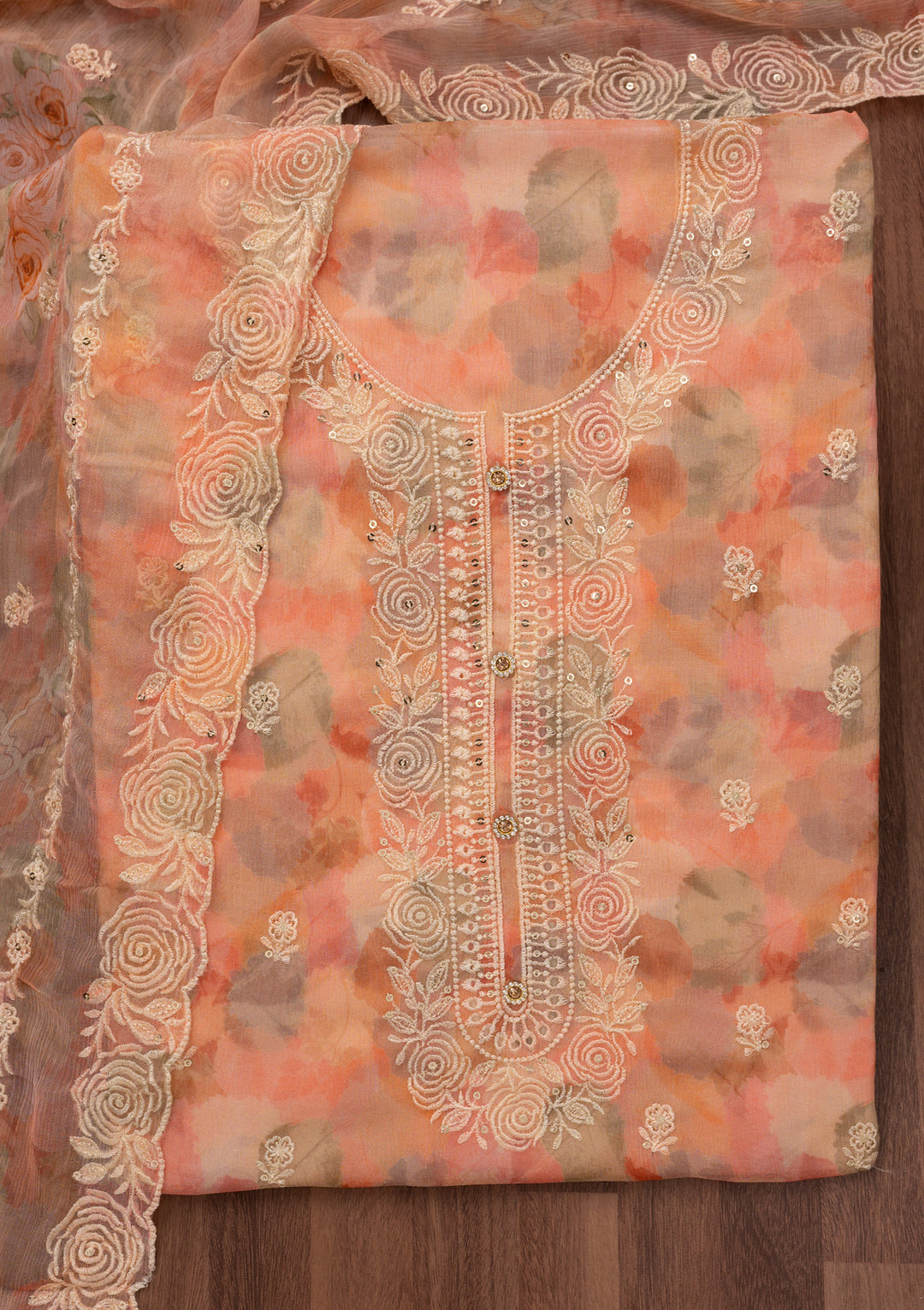 Peach Zariwork Semi Crepe Unstitched Salwar Suit