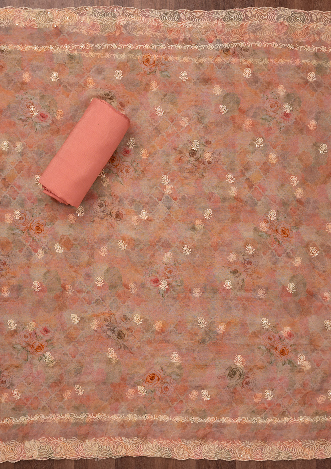 Peach Zariwork Semi Crepe Unstitched Salwar Suit