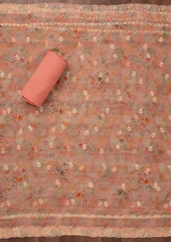 Peach Zariwork Semi Crepe Unstitched Salwar Suit