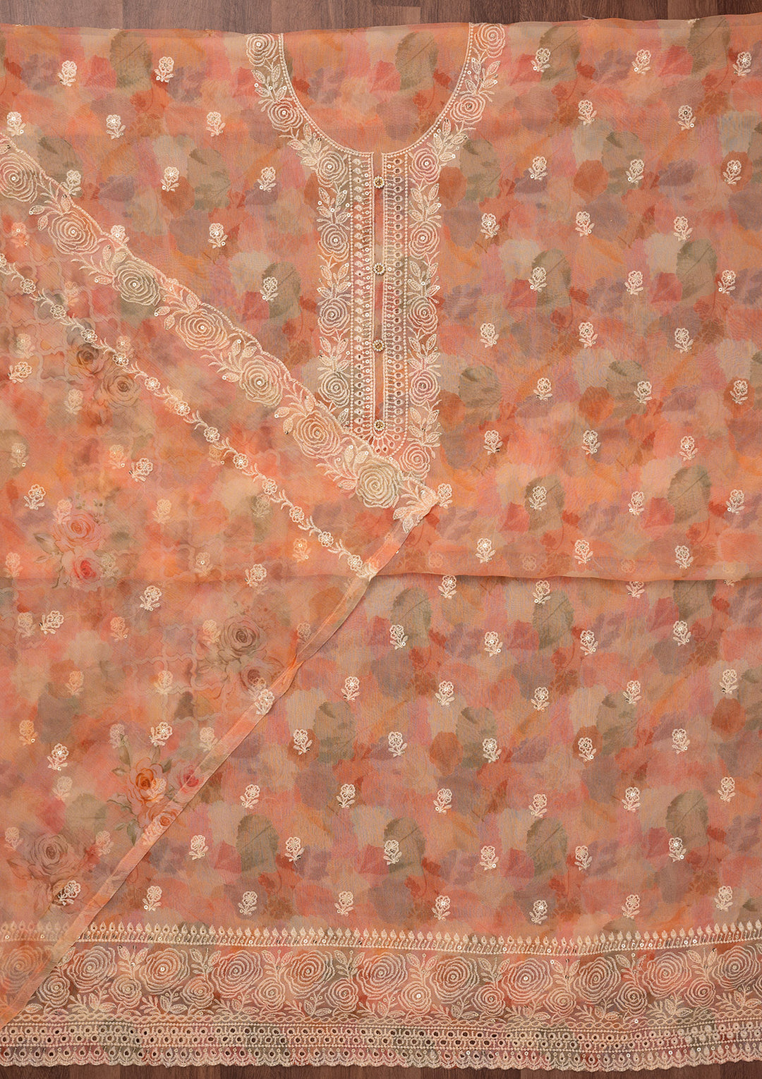 Peach Zariwork Semi Crepe Unstitched Salwar Suit