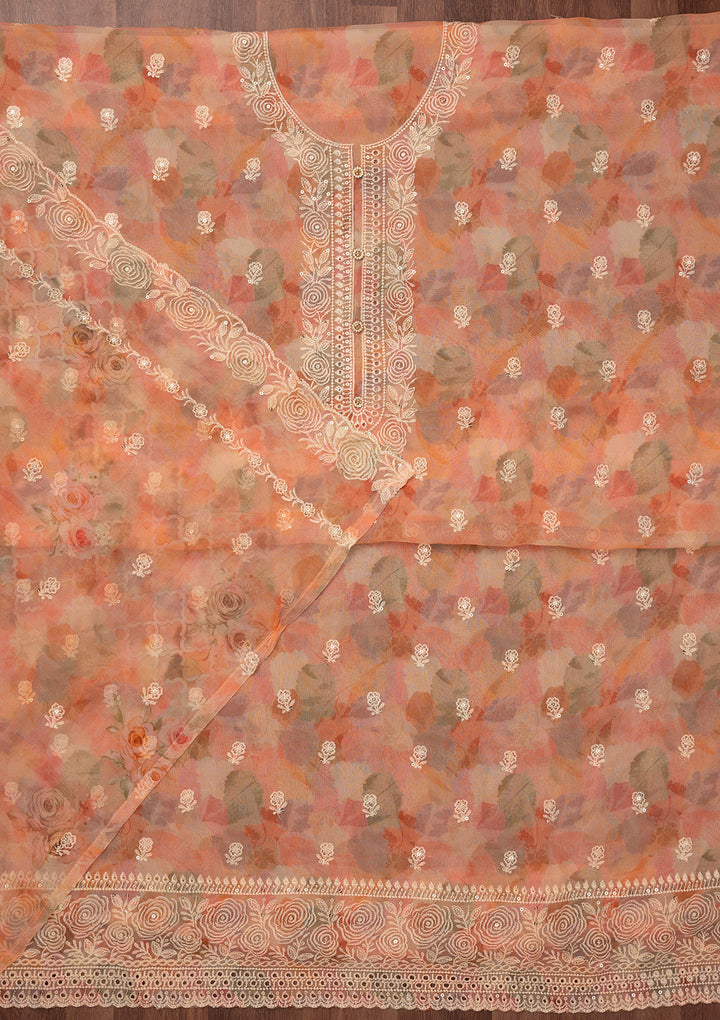 Peach Zariwork Semi Crepe Unstitched Salwar Suit