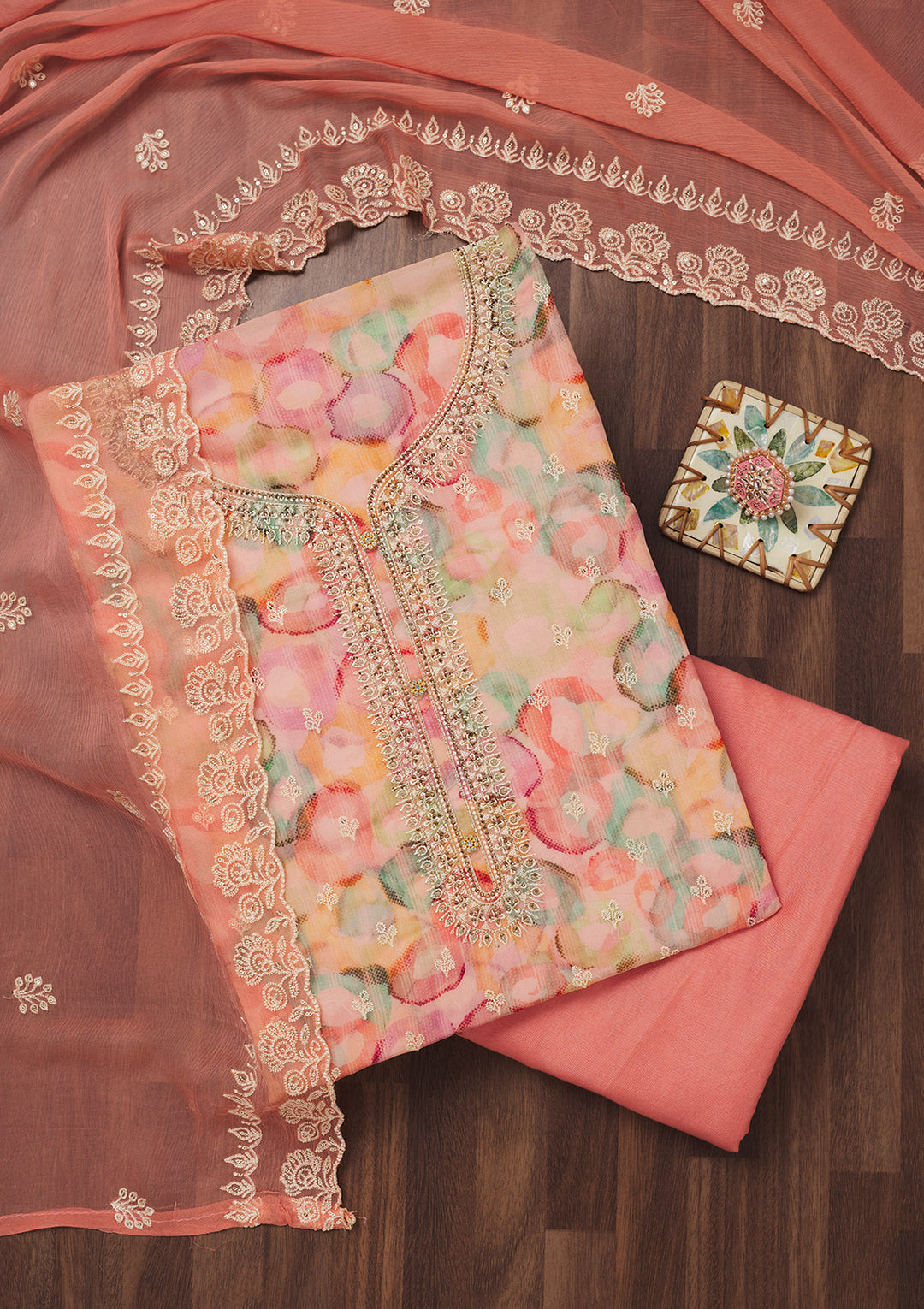 Peach Zariwork Semi Crepe Unstitched Salwar Suit