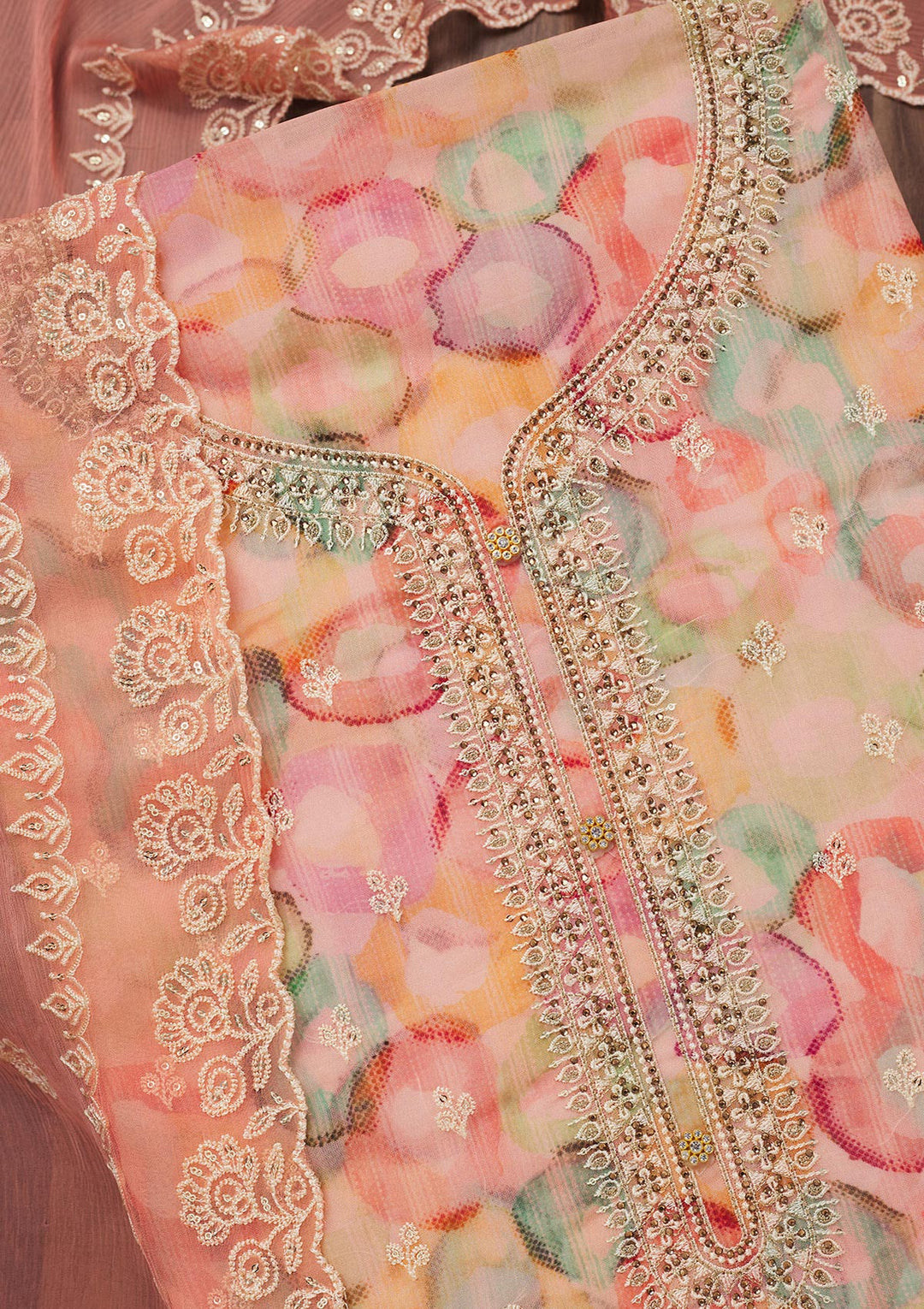Peach Zariwork Semi Crepe Unstitched Salwar Suit