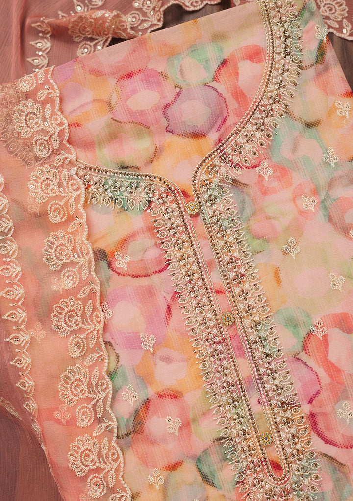Peach Zariwork Semi Crepe Unstitched Salwar Suit