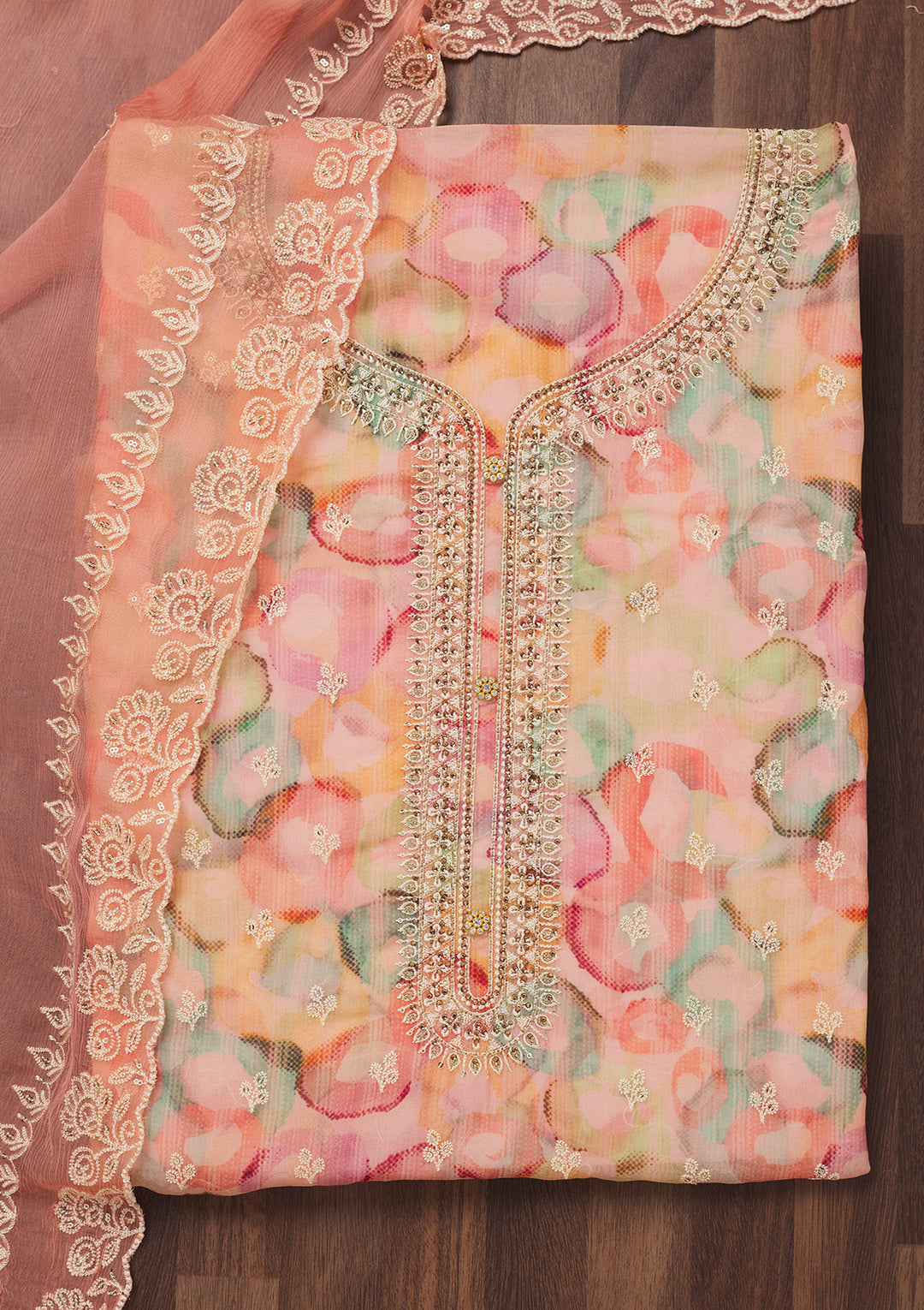Peach Zariwork Semi Crepe Unstitched Salwar Suit