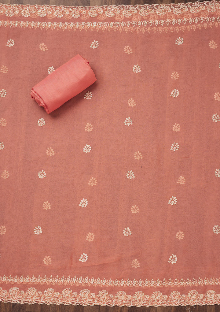 Peach Zariwork Semi Crepe Unstitched Salwar Suit