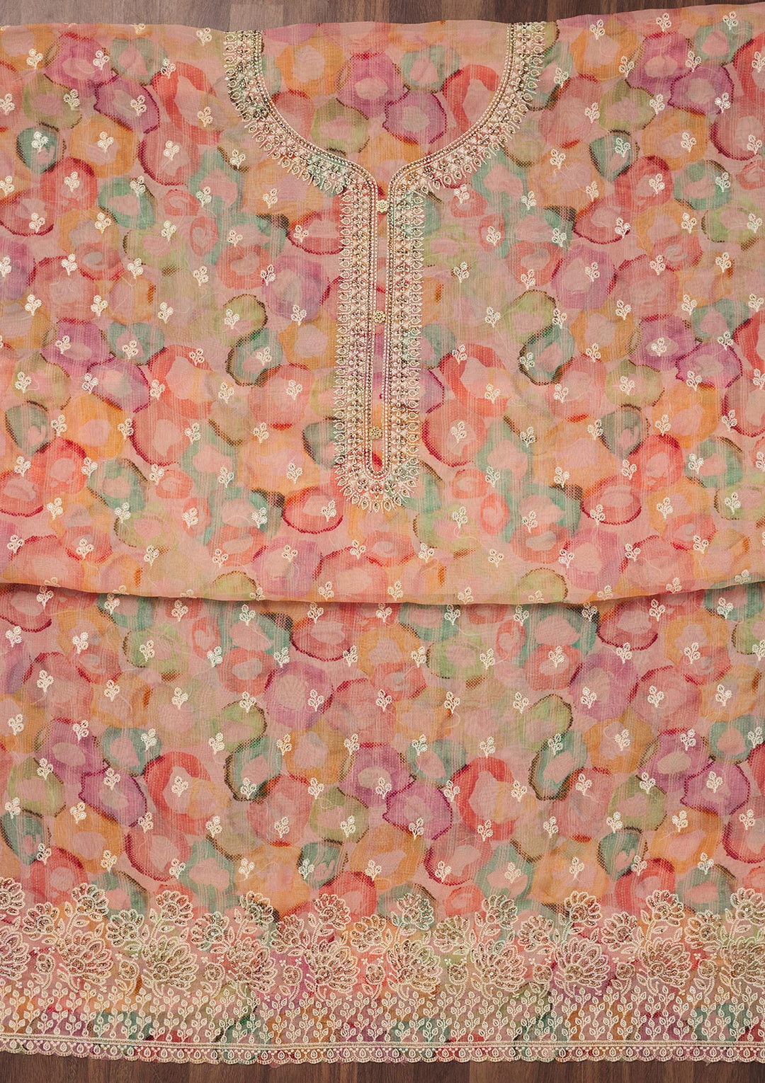 Peach Zariwork Semi Crepe Unstitched Salwar Suit