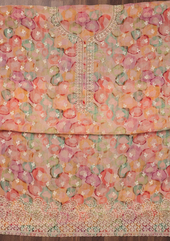 Peach Zariwork Semi Crepe Unstitched Salwar Suit