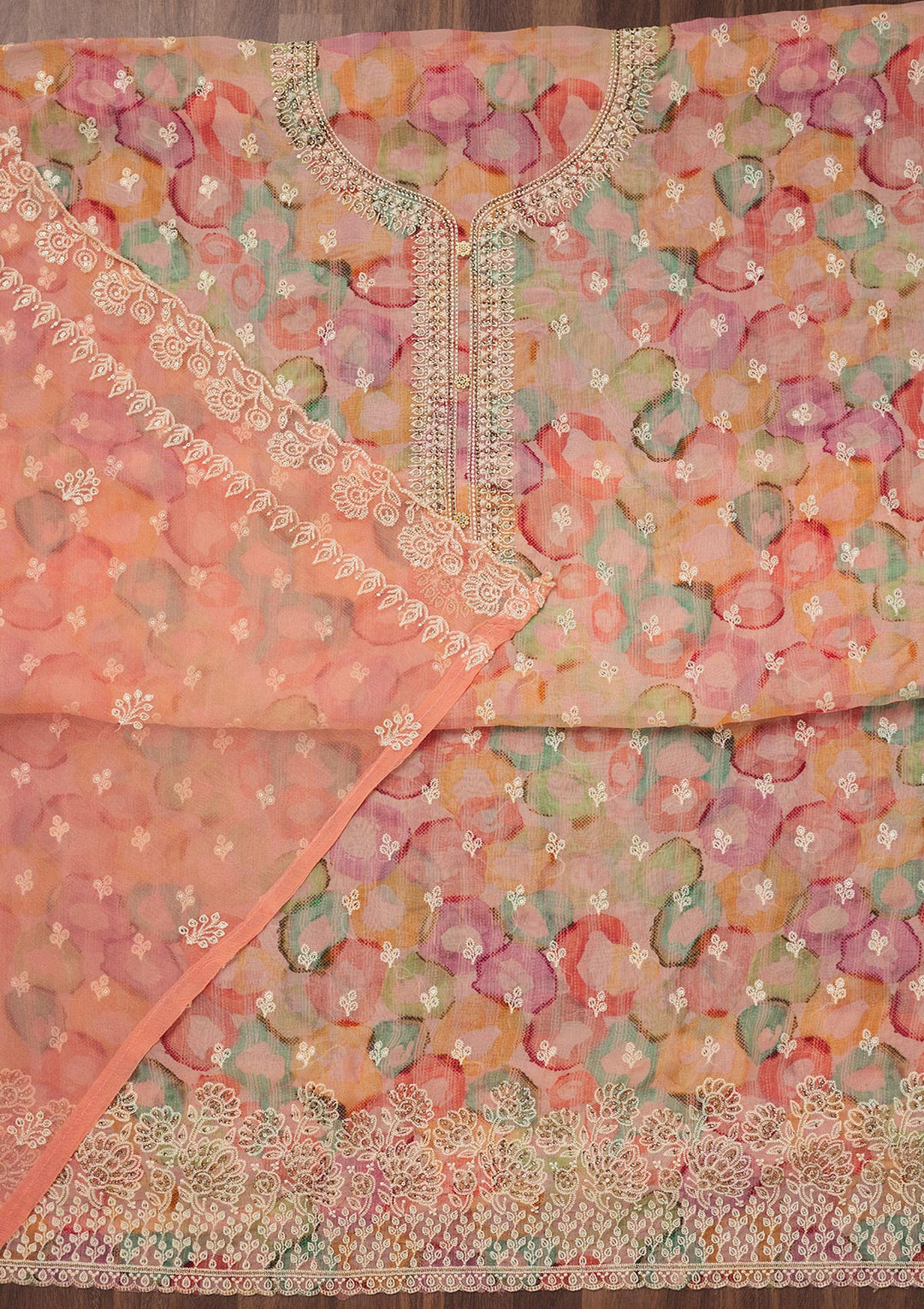 Peach Zariwork Semi Crepe Unstitched Salwar Suit