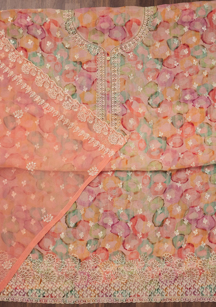 Peach Zariwork Semi Crepe Unstitched Salwar Suit