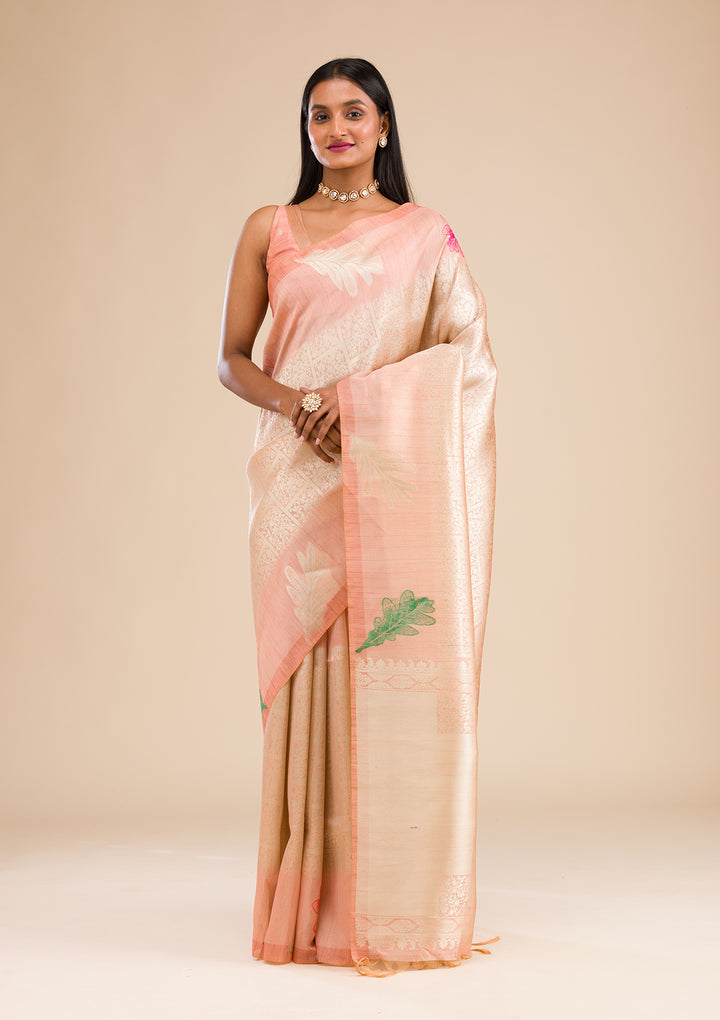 Peach Zariwork Soft Silk Saree