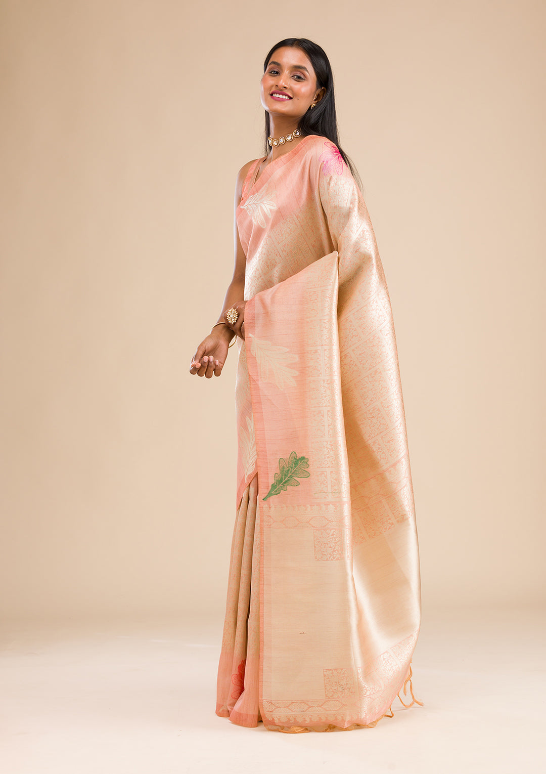 Peach Zariwork Soft Silk Saree