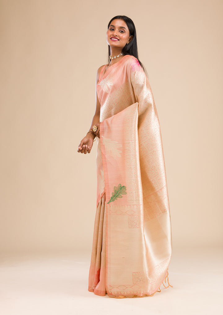 Peach Zariwork Soft Silk Saree