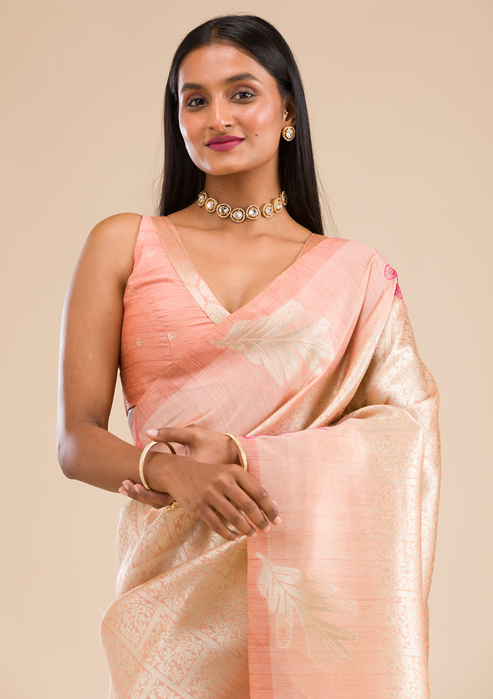 Peach Zariwork Soft Silk Saree
