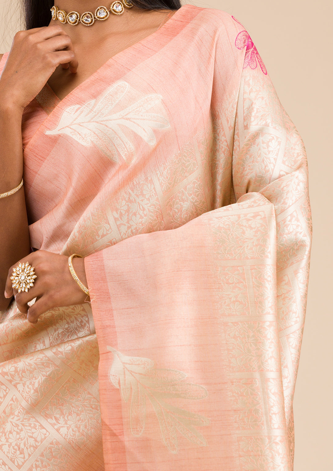 Peach Zariwork Soft Silk Saree