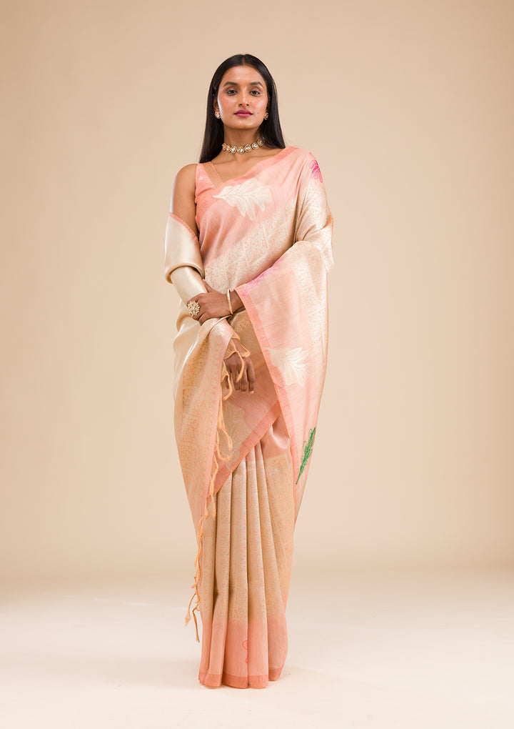 Peach Zariwork Soft Silk Saree