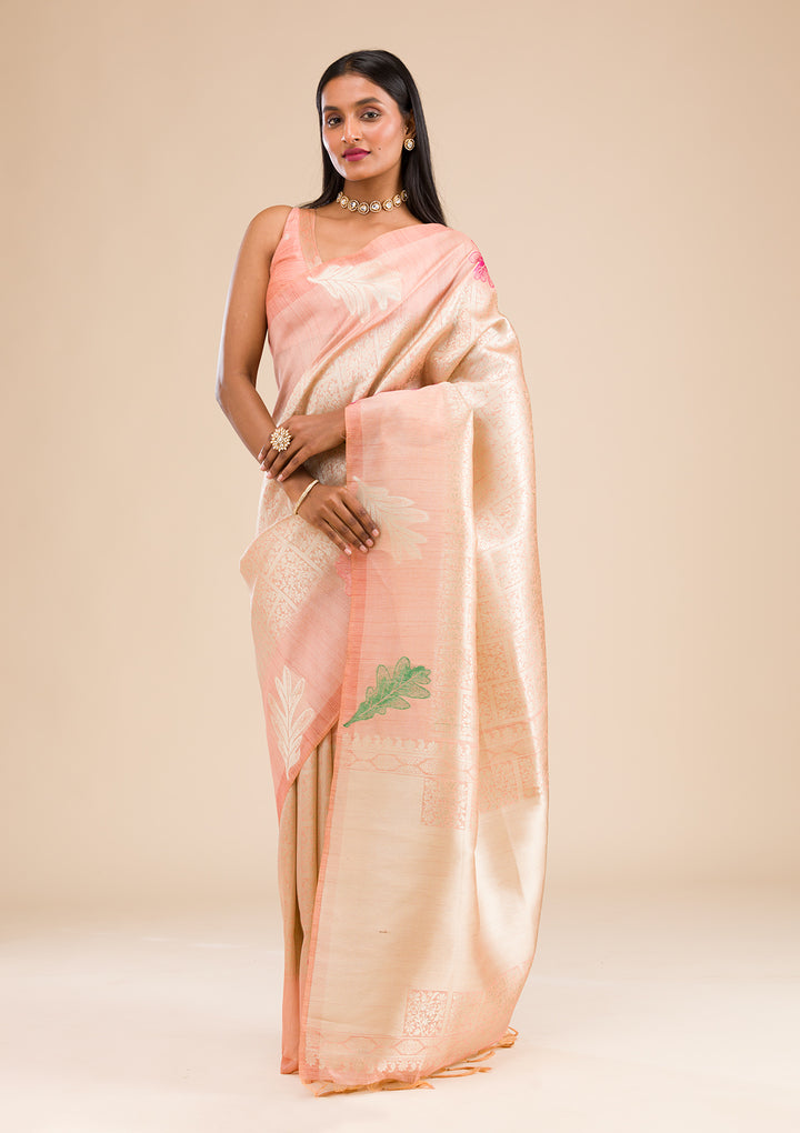 Peach Zariwork Soft Silk Saree