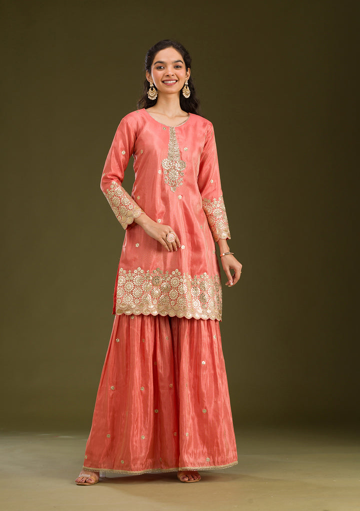 Peach Zariwork Tissue Readymade Salwar Suit