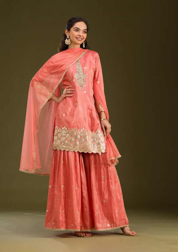 Peach Zariwork Tissue Readymade Salwar Suit