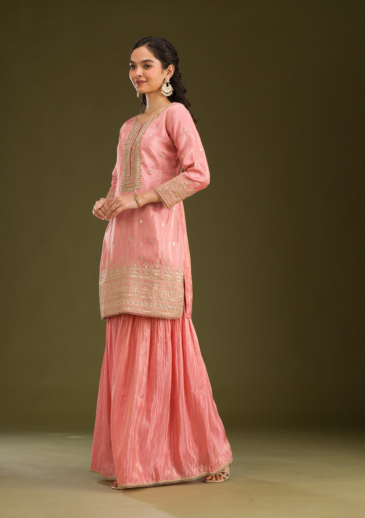 Peach Zariwork Tissue Readymade Salwar Suit