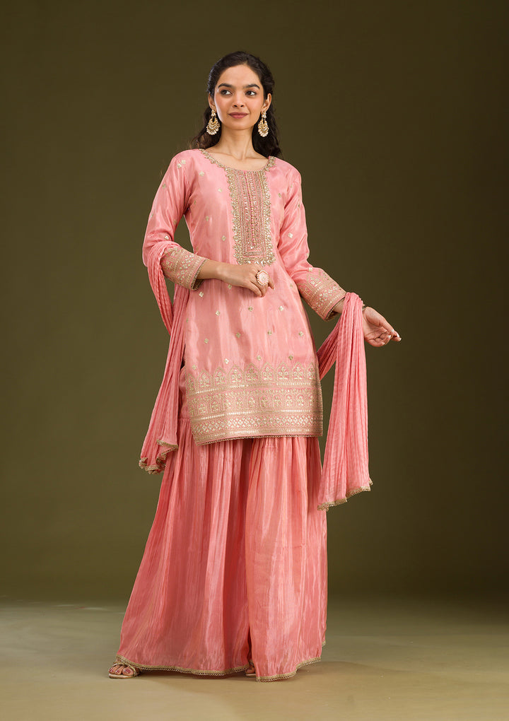 Peach Zariwork Tissue Readymade Salwar Suit