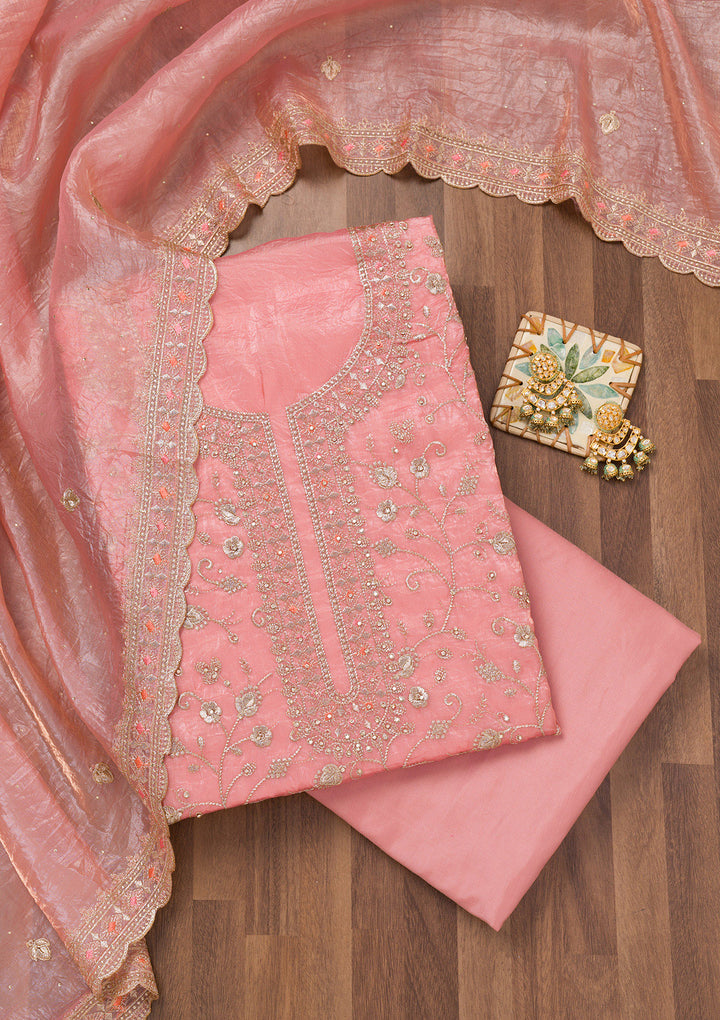 Peach Zariwork Tissue Unstitched Salwar Suit