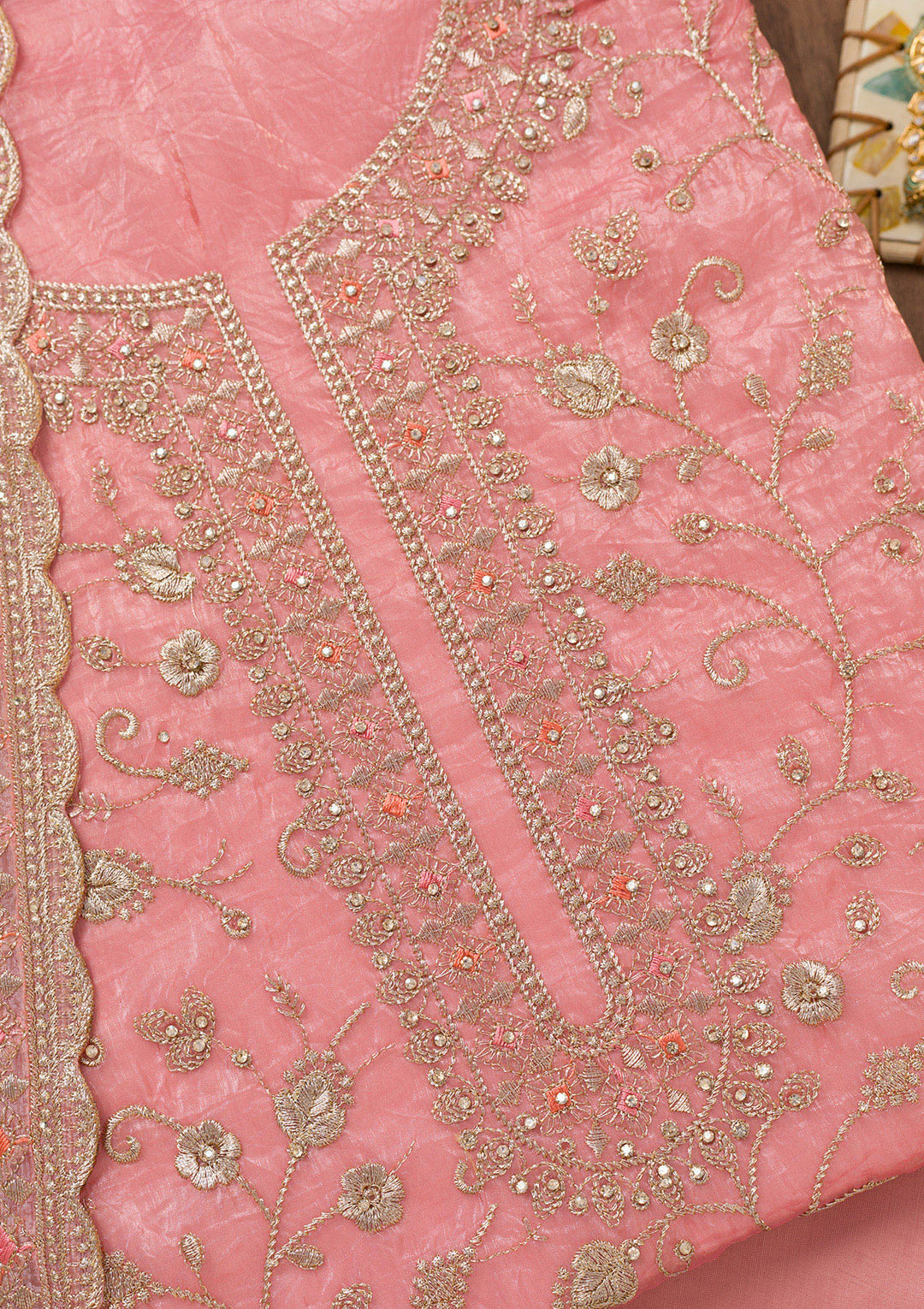 Peach Zariwork Tissue Unstitched Salwar Suit