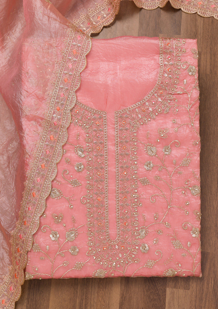 Peach Zariwork Tissue Unstitched Salwar Suit