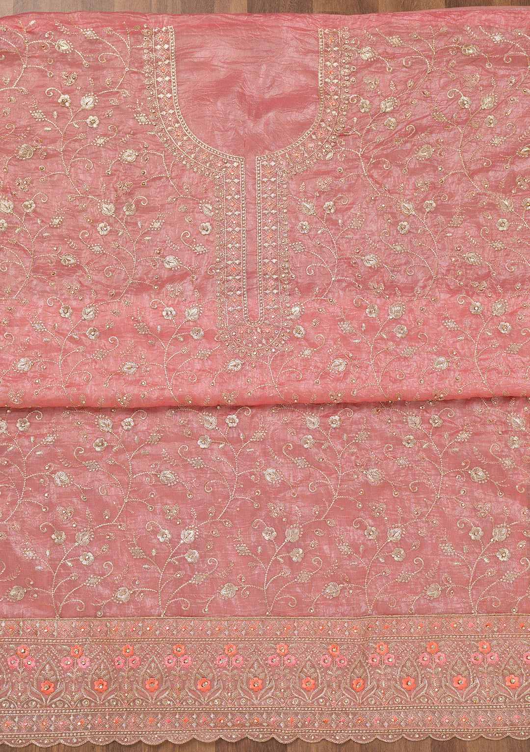 Peach Zariwork Tissue Unstitched Salwar Suit