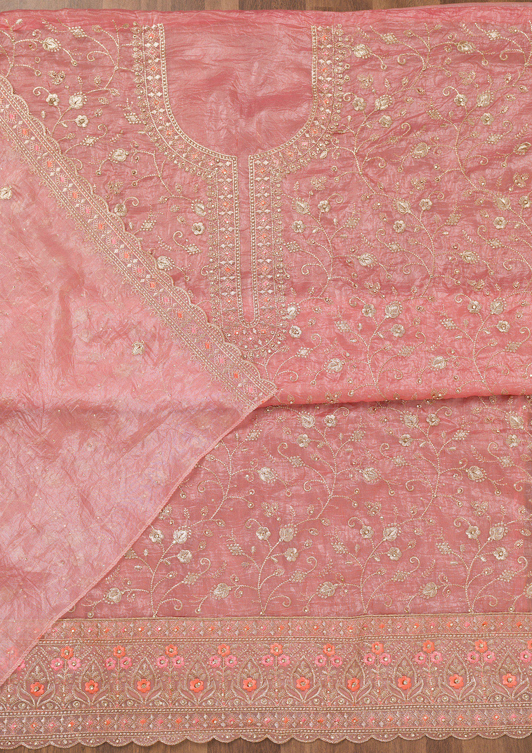 Peach Zariwork Tissue Unstitched Salwar Suit